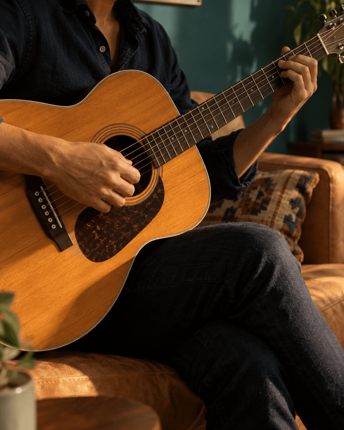 Pessoa tocando um violão acústico no aconchego de casa